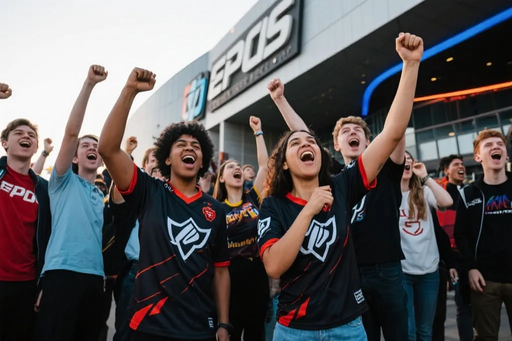 来自世界各地的电竞粉丝在场馆外合影